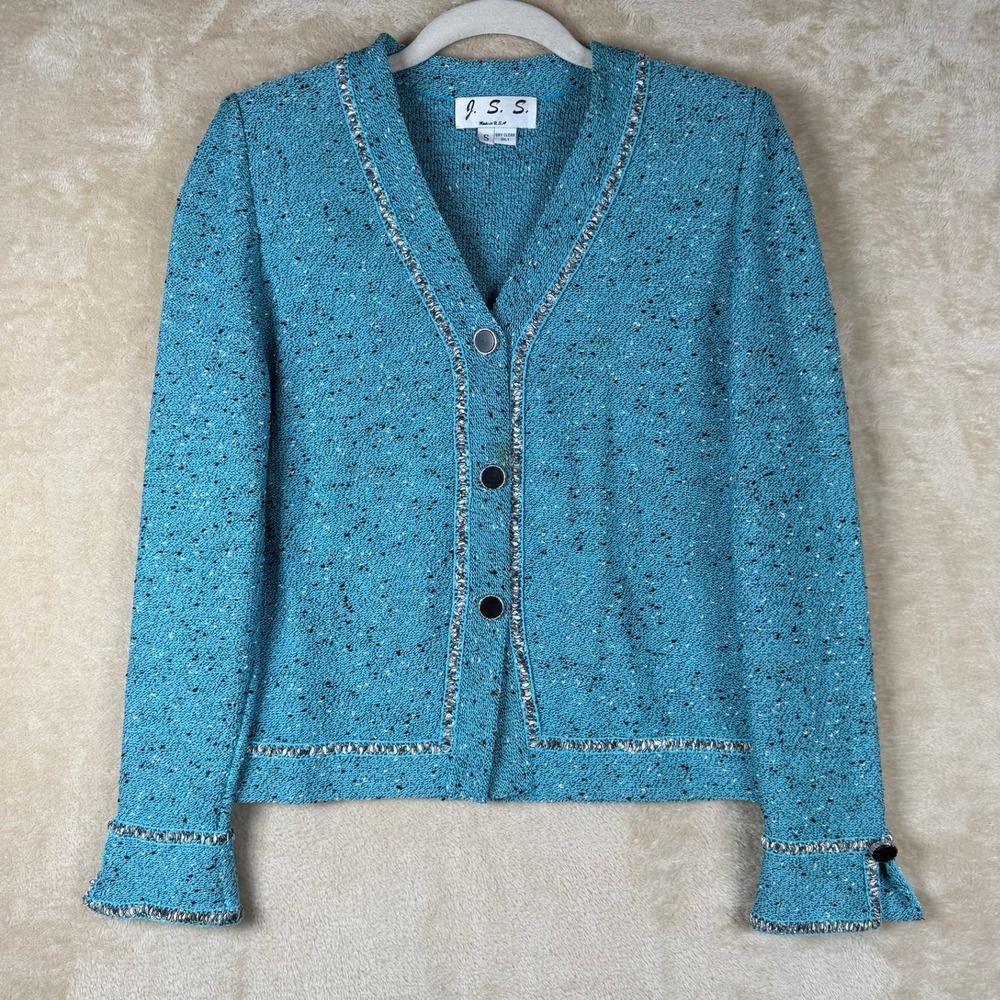 JSS Vintage‎ Turquoise Tweed Blazer Jacket Women's S Career Chic Embellished
